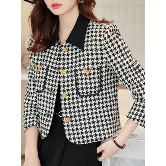 Buttoned Houndstooth Pockets Split-Joint Long Sleeves Plus Size Lapel Outerwear Buttoned Houndstooth Pockets Split-Joint Long Sleeves Plus Size Lapel Outerwear
