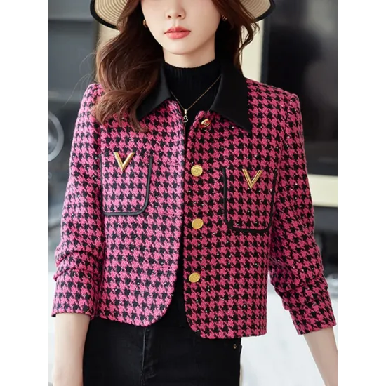 Buttoned Houndstooth Pockets Split-Joint Long Sleeves Plus Size Lapel Outerwear Buttoned Houndstooth Pockets Split-Joint Long Sleeves Plus Size Lapel Outerwear