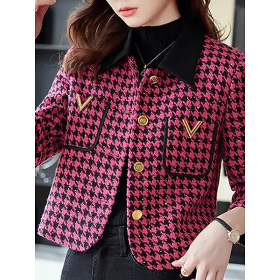 Buttoned Houndstooth Pockets Split-Joint Long Sleeves Plus Size Lapel Outerwear Buttoned Houndstooth Pockets Split-Joint Long Sleeves Plus Size Lapel Outerwear