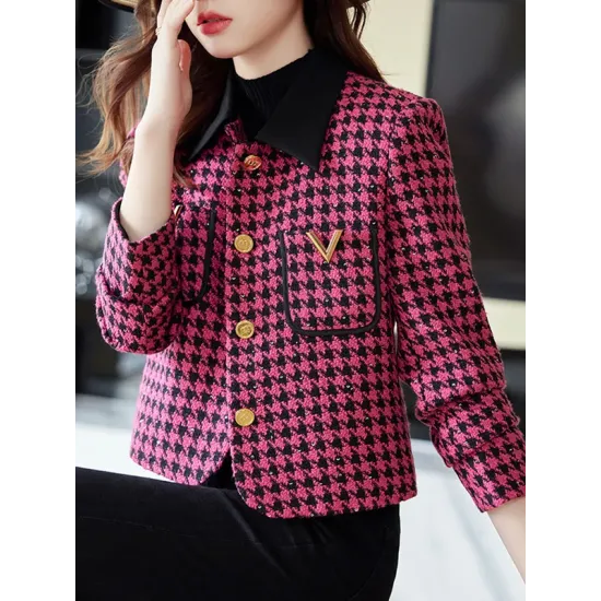 Buttoned Houndstooth Pockets Split-Joint Long Sleeves Plus Size Lapel Outerwear Buttoned Houndstooth Pockets Split-Joint Long Sleeves Plus Size Lapel Outerwear