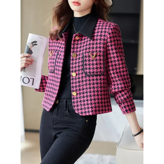 Buttoned Houndstooth Pockets Split-Joint Long Sleeves Plus Size Lapel Outerwear Buttoned Houndstooth Pockets Split-Joint Long Sleeves Plus Size Lapel Outerwear