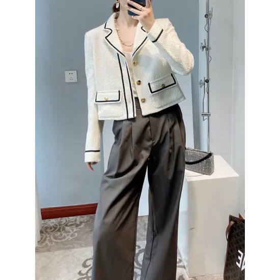Buttoned Pockets Long Sleeves Loose Notched Collar Woolen Coat Outerwear Buttoned Pockets Long Sleeves Loose Notched Collar Woolen Coat Outerwear