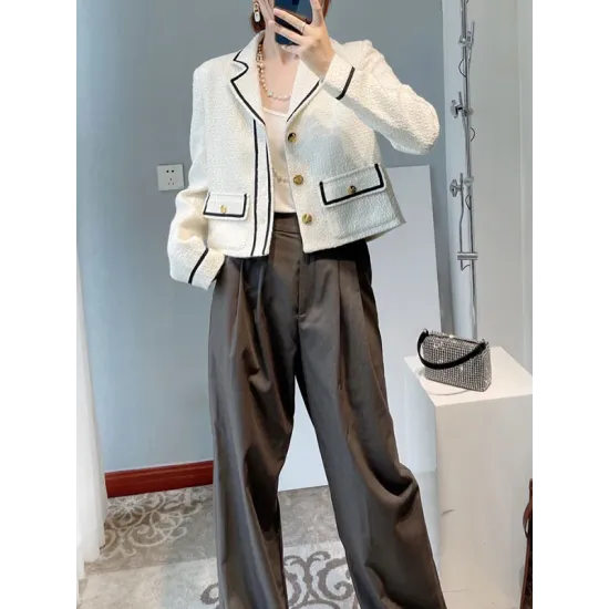 Buttoned Pockets Long Sleeves Loose Notched Collar Woolen Coat Outerwear Buttoned Pockets Long Sleeves Loose Notched Collar Woolen Coat Outerwear