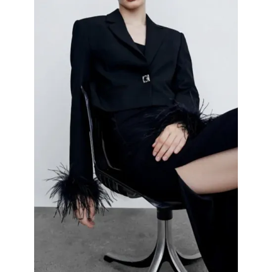 Buttoned Solid Color Tasseled Long Sleeves Notched Collar Outerwear Blazer Buttoned Solid Color Tasseled Long Sleeves Notched Collar Outerwear Blazer