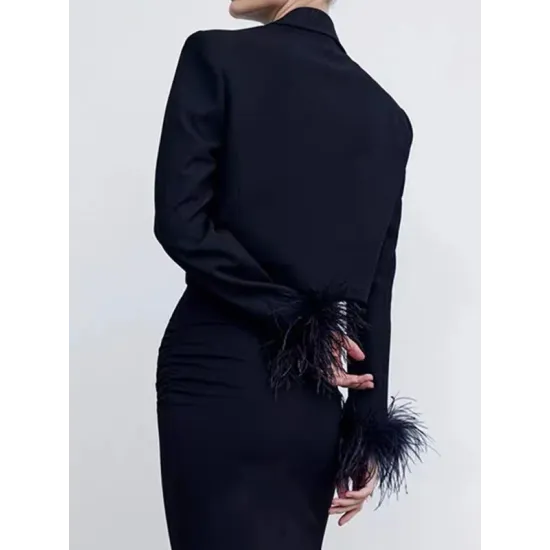 Buttoned Solid Color Tasseled Long Sleeves Notched Collar Outerwear Blazer Buttoned Solid Color Tasseled Long Sleeves Notched Collar Outerwear Blazer