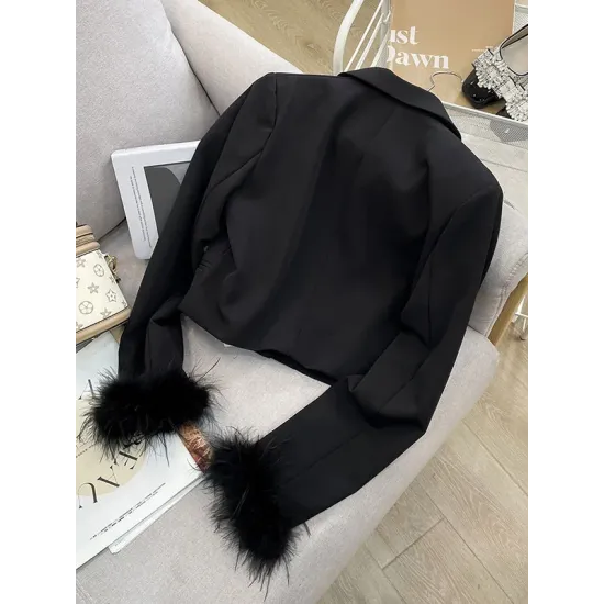Buttoned Solid Color Tasseled Long Sleeves Notched Collar Outerwear Blazer Buttoned Solid Color Tasseled Long Sleeves Notched Collar Outerwear Blazer