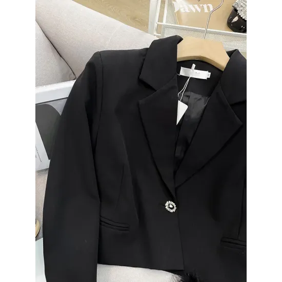 Buttoned Solid Color Tasseled Long Sleeves Notched Collar Outerwear Blazer Buttoned Solid Color Tasseled Long Sleeves Notched Collar Outerwear Blazer