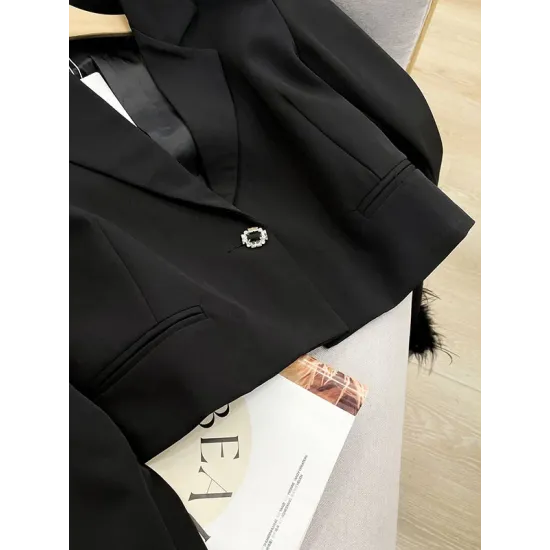 Buttoned Solid Color Tasseled Long Sleeves Notched Collar Outerwear Blazer Buttoned Solid Color Tasseled Long Sleeves Notched Collar Outerwear Blazer