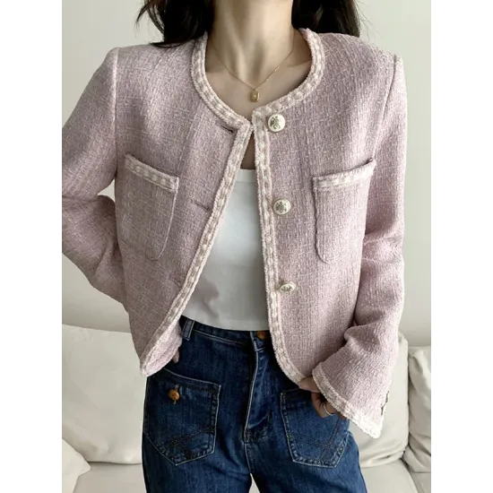 Buttoned Pockets Split-Joint Long Sleeves Loose Round-neck Outerwear Buttoned Pockets Split-Joint Long Sleeves Loose Round-neck Outerwear
