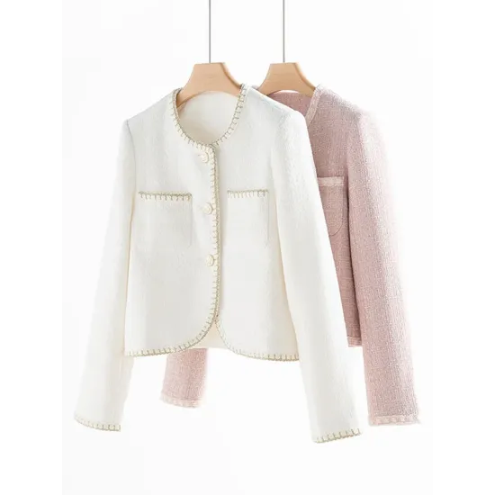 Buttoned Pockets Split-Joint Long Sleeves Loose Round-neck Outerwear Buttoned Pockets Split-Joint Long Sleeves Loose Round-neck Outerwear