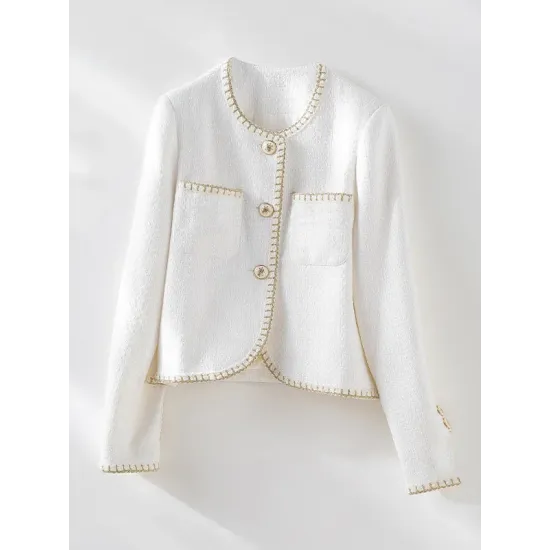 Buttoned Pockets Split-Joint Long Sleeves Loose Round-neck Outerwear Buttoned Pockets Split-Joint Long Sleeves Loose Round-neck Outerwear