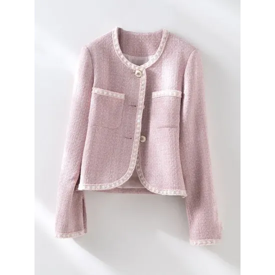 Buttoned Pockets Split-Joint Long Sleeves Loose Round-neck Outerwear Buttoned Pockets Split-Joint Long Sleeves Loose Round-neck Outerwear