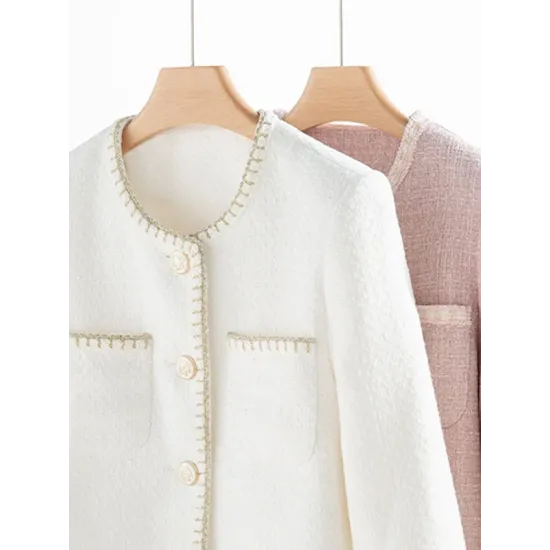 Buttoned Pockets Split-Joint Long Sleeves Loose Round-neck Outerwear Buttoned Pockets Split-Joint Long Sleeves Loose Round-neck Outerwear