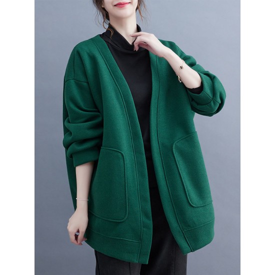 Pockets Solid Color Long Sleeves Loose Collarless Outerwear Pockets Solid Color Long Sleeves Loose Collarless Outerwear