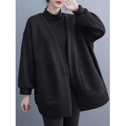Pockets Solid Color Long Sleeves Loose Collarless Outerwear