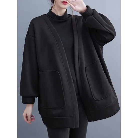 Pockets Solid Color Long Sleeves Loose Collarless Outerwear Pockets Solid Color Long Sleeves Loose Collarless Outerwear
