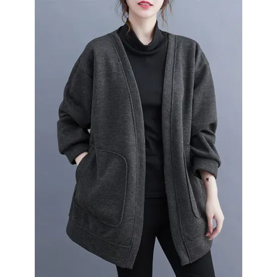 Pockets Solid Color Long Sleeves Loose Collarless Outerwear Pockets Solid Color Long Sleeves Loose Collarless Outerwear