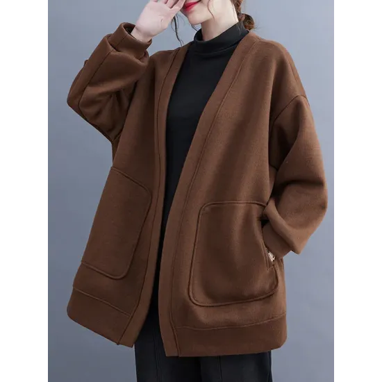 Pockets Solid Color Long Sleeves Loose Collarless Outerwear Pockets Solid Color Long Sleeves Loose Collarless Outerwear