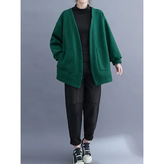 Pockets Solid Color Long Sleeves Loose Collarless Outerwear Pockets Solid Color Long Sleeves Loose Collarless Outerwear