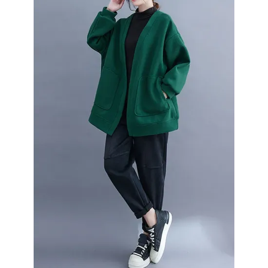 Pockets Solid Color Long Sleeves Loose Collarless Outerwear Pockets Solid Color Long Sleeves Loose Collarless Outerwear