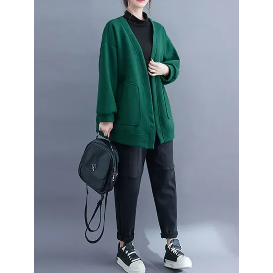 Pockets Solid Color Long Sleeves Loose Collarless Outerwear Pockets Solid Color Long Sleeves Loose Collarless Outerwear