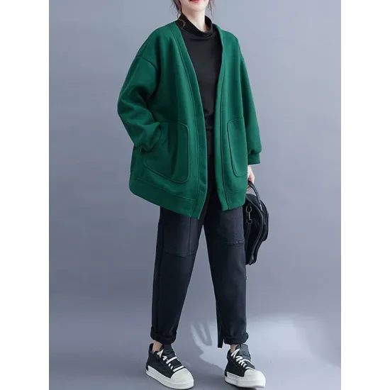Pockets Solid Color Long Sleeves Loose Collarless Outerwear Pockets Solid Color Long Sleeves Loose Collarless Outerwear