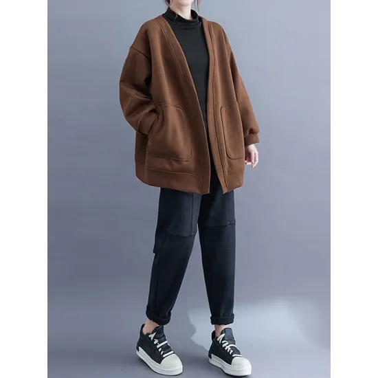 Pockets Solid Color Long Sleeves Loose Collarless Outerwear Pockets Solid Color Long Sleeves Loose Collarless Outerwear
