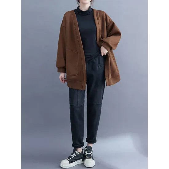Pockets Solid Color Long Sleeves Loose Collarless Outerwear Pockets Solid Color Long Sleeves Loose Collarless Outerwear