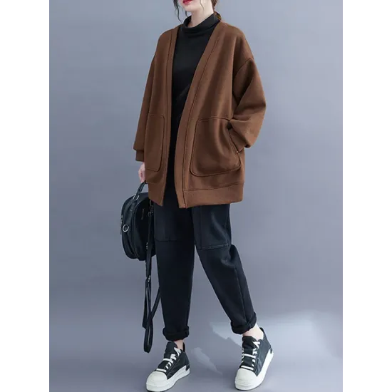 Pockets Solid Color Long Sleeves Loose Collarless Outerwear Pockets Solid Color Long Sleeves Loose Collarless Outerwear