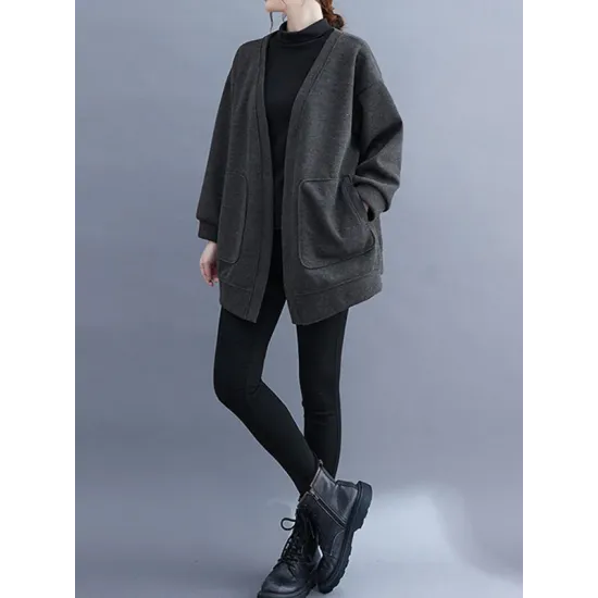 Pockets Solid Color Long Sleeves Loose Collarless Outerwear Pockets Solid Color Long Sleeves Loose Collarless Outerwear