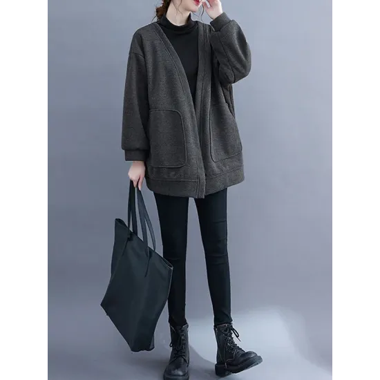 Pockets Solid Color Long Sleeves Loose Collarless Outerwear Pockets Solid Color Long Sleeves Loose Collarless Outerwear
