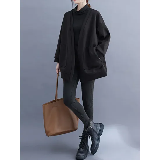 Pockets Solid Color Long Sleeves Loose Collarless Outerwear Pockets Solid Color Long Sleeves Loose Collarless Outerwear