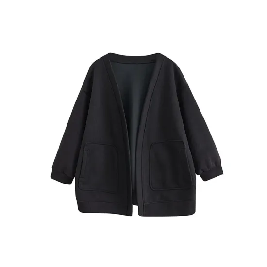 Pockets Solid Color Long Sleeves Loose Collarless Outerwear Pockets Solid Color Long Sleeves Loose Collarless Outerwear