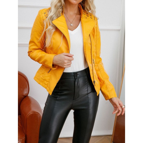 Split-Joint Zipper Long Sleeves Mock Neck Outerwear PU Jackets Split-Joint Zipper Long Sleeves Mock Neck Outerwear PU Jackets