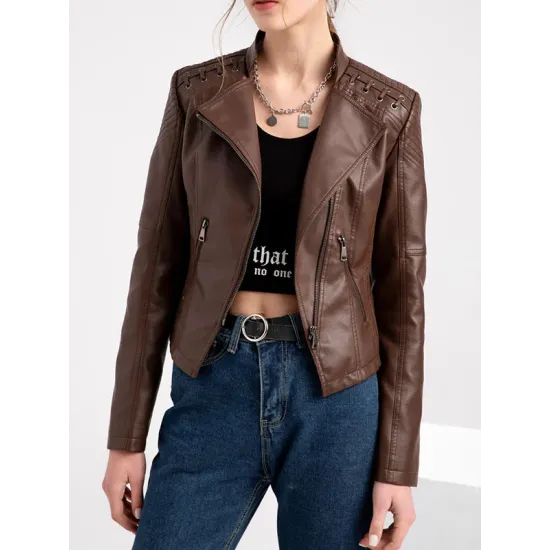 Split-Joint Zipper Long Sleeves Mock Neck Outerwear PU Jackets Split-Joint Zipper Long Sleeves Mock Neck Outerwear PU Jackets