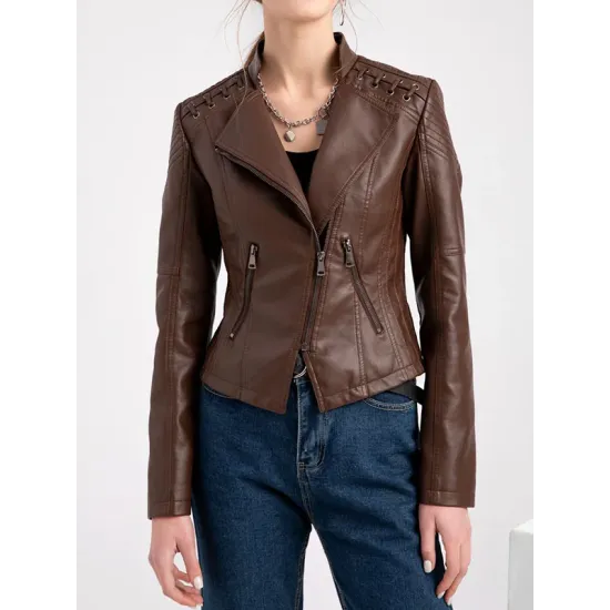 Split-Joint Zipper Long Sleeves Mock Neck Outerwear PU Jackets Split-Joint Zipper Long Sleeves Mock Neck Outerwear PU Jackets