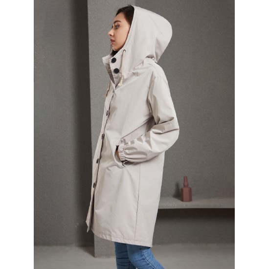 Buttoned Drawstring Elasticity Hooded Pockets Split-Back Waterproof Long Sleeves Loose High-Neck Trench Coats Buttoned Drawstring Elasticity Hooded Pockets Split-Back Waterproof Long Sleeves Loose High-Neck Trench Coats