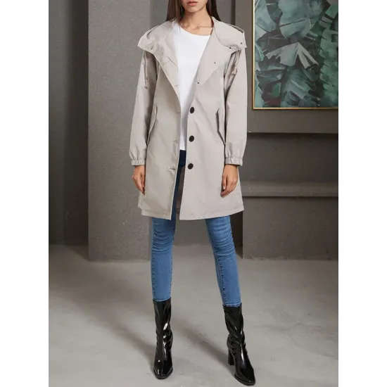 Buttoned Drawstring Elasticity Hooded Pockets Split-Back Waterproof Long Sleeves Loose High-Neck Trench Coats Buttoned Drawstring Elasticity Hooded Pockets Split-Back Waterproof Long Sleeves Loose High-Neck Trench Coats