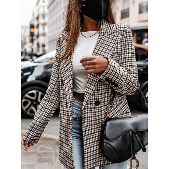 Buttoned Houndstooth Long Sleeves Loose Notched Collar Outerwear Blazer Buttoned Houndstooth Long Sleeves Loose Notched Collar Outerwear Blazer