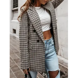 Buttoned Houndstooth Long Sleeves Loose Notched Collar Outerwear Blazer