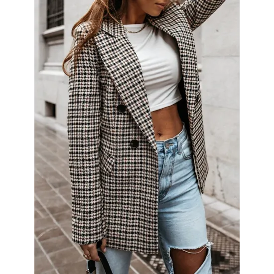 Buttoned Houndstooth Long Sleeves Loose Notched Collar Outerwear Blazer Buttoned Houndstooth Long Sleeves Loose Notched Collar Outerwear Blazer