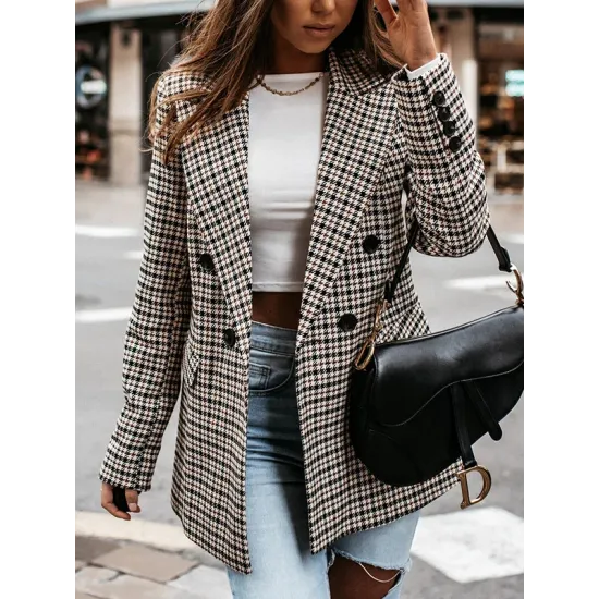 Buttoned Houndstooth Long Sleeves Loose Notched Collar Outerwear Blazer Buttoned Houndstooth Long Sleeves Loose Notched Collar Outerwear Blazer
