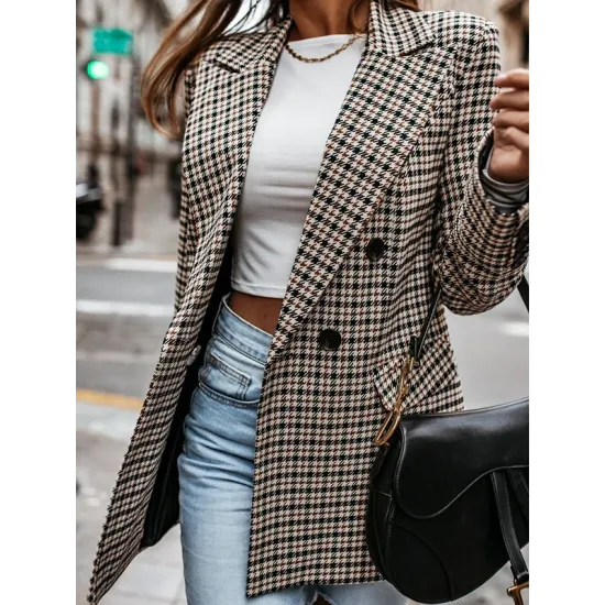 Buttoned Houndstooth Long Sleeves Loose Notched Collar Outerwear Blazer Buttoned Houndstooth Long Sleeves Loose Notched Collar Outerwear Blazer