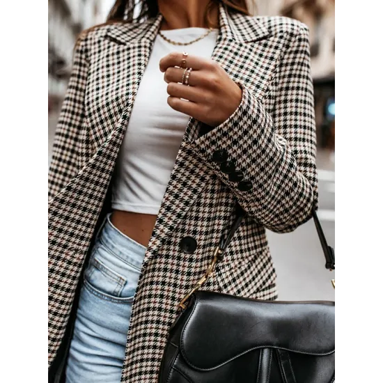 Buttoned Houndstooth Long Sleeves Loose Notched Collar Outerwear Blazer Buttoned Houndstooth Long Sleeves Loose Notched Collar Outerwear Blazer