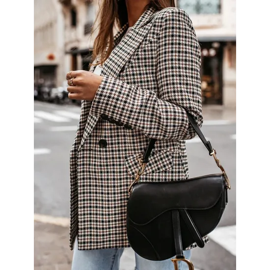 Buttoned Houndstooth Long Sleeves Loose Notched Collar Outerwear Blazer Buttoned Houndstooth Long Sleeves Loose Notched Collar Outerwear Blazer