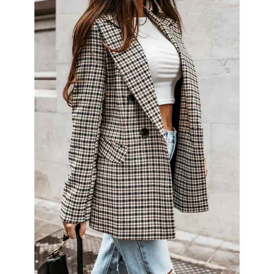 Buttoned Houndstooth Long Sleeves Loose Notched Collar Outerwear Blazer Buttoned Houndstooth Long Sleeves Loose Notched Collar Outerwear Blazer