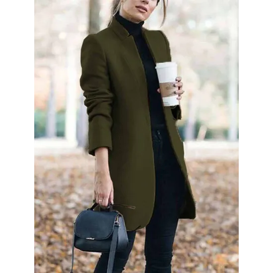 Long Sleeves Solid Color Split-Joint Stand Collar Outerwear Woolen Coat Long Sleeves Solid Color Split-Joint Stand Collar Outerwear Woolen Coat
