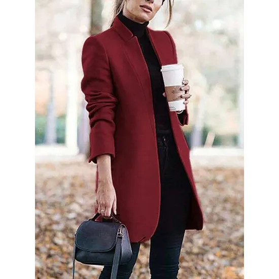 Long Sleeves Solid Color Split-Joint Stand Collar Outerwear Woolen Coat Long Sleeves Solid Color Split-Joint Stand Collar Outerwear Woolen Coat