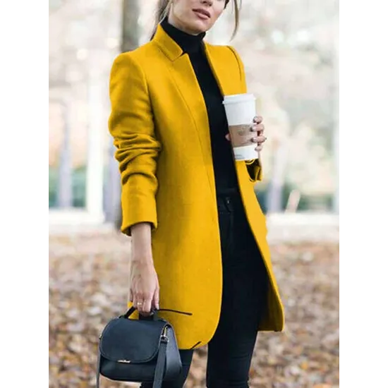 Long Sleeves Solid Color Split-Joint Stand Collar Outerwear Woolen Coat Long Sleeves Solid Color Split-Joint Stand Collar Outerwear Woolen Coat