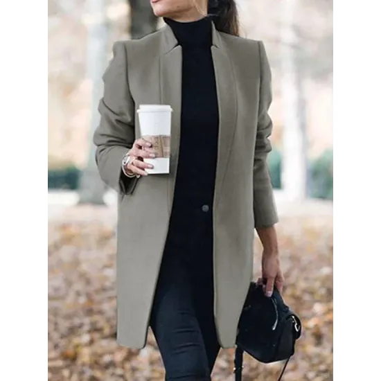 Long Sleeves Solid Color Split-Joint Stand Collar Outerwear Woolen Coat Long Sleeves Solid Color Split-Joint Stand Collar Outerwear Woolen Coat